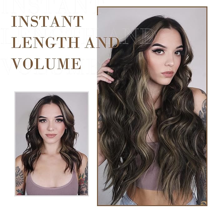 REECHO Hair Extensions, 4PCS Clip in Hair Extensions HE001 Natural Soft Synthetic Hairpieces for Women, Black Brown