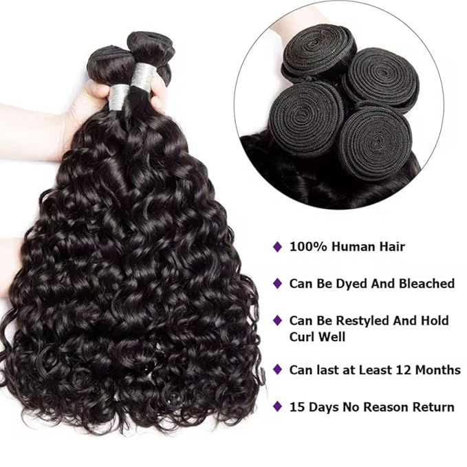 Water wave bundles 100% Unprocessed human hair bundles with Hair Extensions Natur weave human hair natural blcak color for women 100g/bundle(Natural Black, Water 20 22 24 26 Inch)