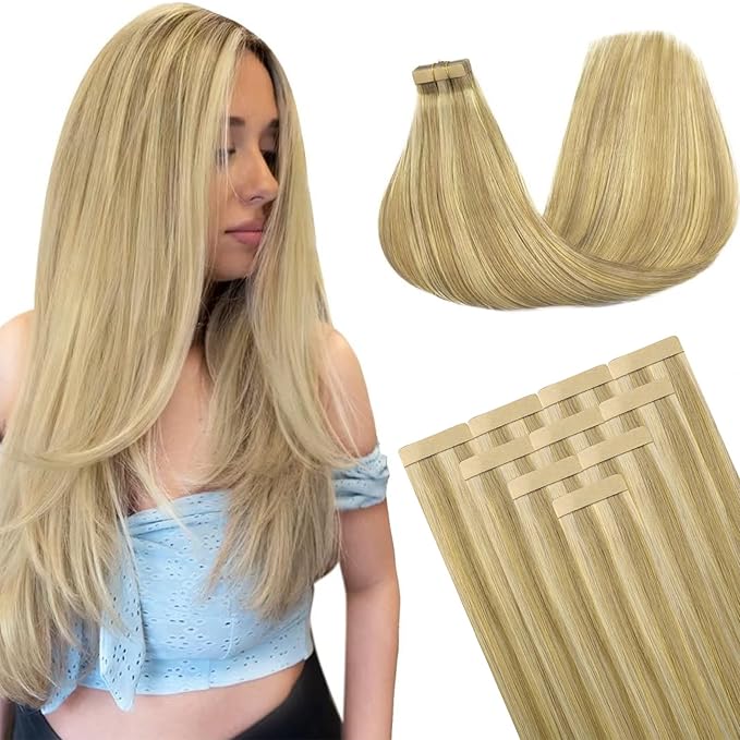 DOORES Tape in Human Hair Extensions, Balayage Light Blonde Highlighted Golden Blonde 10pcs 25g 18 Inch, Straight Hair Extensions Tape in Skin Weft Thick Hair