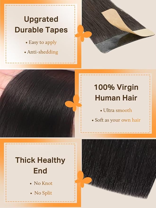 DOORES Tape in Extensions Real Human Hair, 80g 20 Inch 20pcs Remy Natural Black Human Thick Hair Extensions Tape in Real Skin Weft Straight Natural Thick Ends for Women