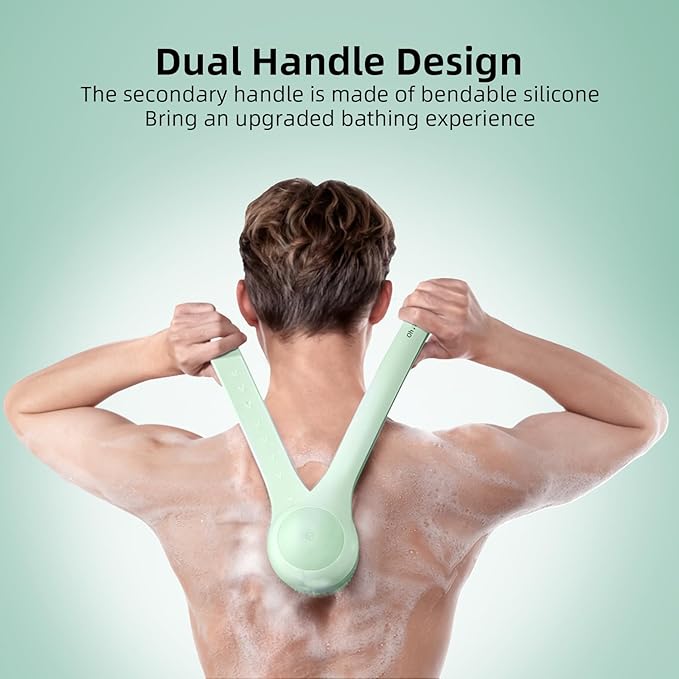 Electric Body Brush Back Scrubber for Shower, Waterproof Long Dual Handle Power Body Scrubber with 3 Heads, Rechargeable Bath Brush & 2 Speeds, for Cleansing, Exfoliating and Massaging Skin