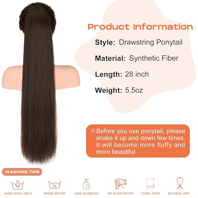 SEIKEA 28" Ponytail Extensions Drawstring Long Straight Fake Pony Tail Natural Soft Clip in Hair Extension Synthetic Heat Resistant Hairpiece - Dark Chocolate Brown