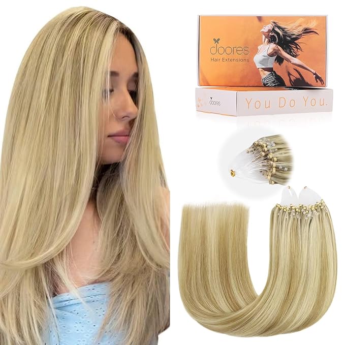 DOORES Microlink Hair Extensions Natural Hair Extensions, Light Blonde Highlighted Golden Blonde 20 Inch 50g/50s, Straight Remy Human Hair Extensions for Women