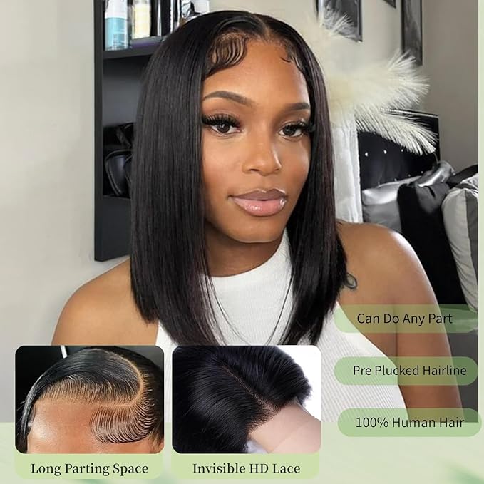 Bob Wig Human Hair 13x4 Straight Lace Front Wigs Human Hair 150% Density Glueless Wigs Human Hair Pre Plucked Straight Bob Wigs for Black Women (14 Inch,Natural Black)