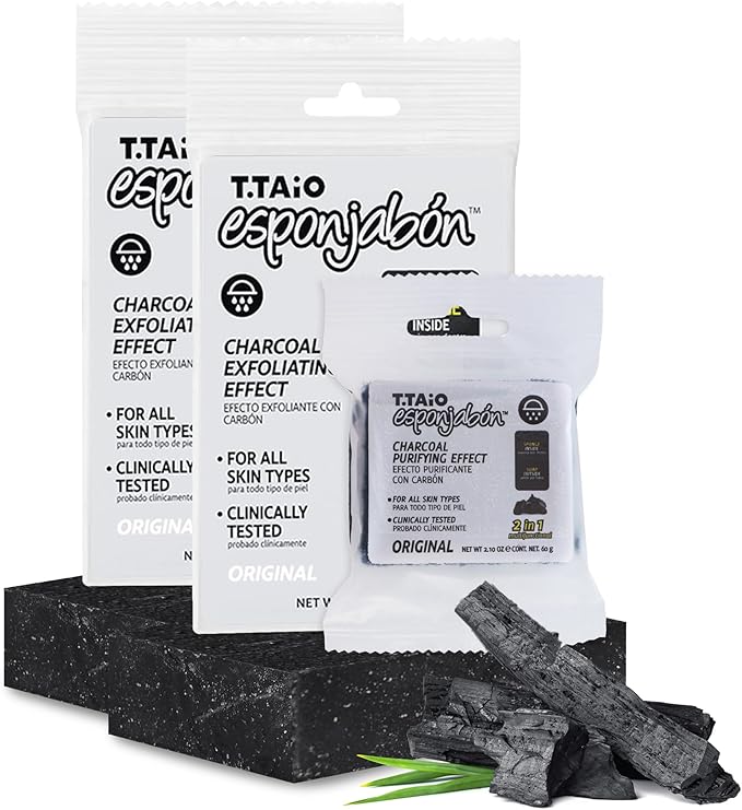 T.Taio Esponjabon Charcoal Soap Sponge - Cleansing Shower Scrubber - Cleaning Bath Wash Scrub - Oil Removal - Massage & Lather Foot, Elbow, & Face - Bathroom Accessories - Charcoal, Mini Soap Included