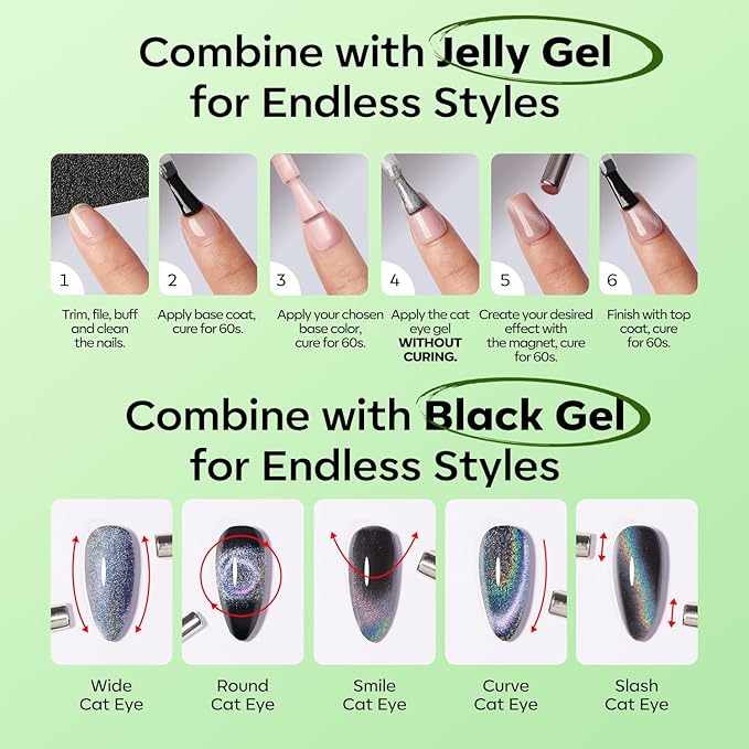 modelones Cat Eye Gel Nail Polish Green Gel Polish Jelly Glass with Magnet Holographic Glitter Shimmer Translucent Sheer Color Magnetic Christmas Nail Polish Top Coat Salon DIY at Home 15 ML