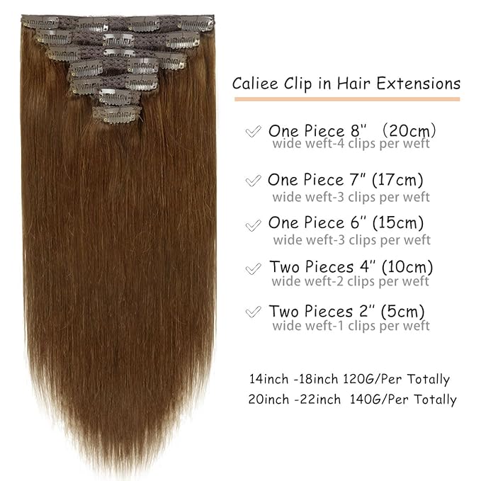 Caliee Clip in Hair Extensions Human Hair Chocolate Brown #4 Real Hair Extensions Clip in Human Hair Double Weft Lace Clip in Hair Extension Seamless Silky Clip in Hair Extehsions 140g 7pcs 22inch