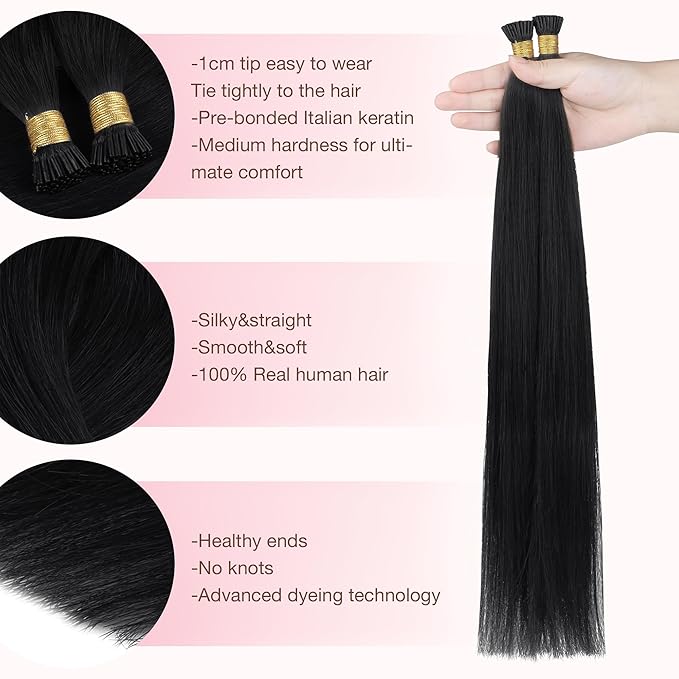 GOO GOO I Tip Hair Extensions Real Human Hair, 14in 100g 200S, Cold Fusion, Invisible Remy Hair Extensions, Jet Black