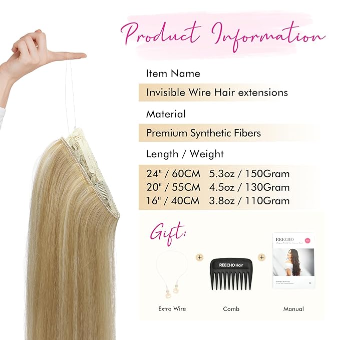 REECHO Invisible Wire Hair Extensions with Transparent Headband Adjustable Size Removable Secure Clips in Straight Secret Hairpiece for Women (20 Inch, Golden Blonde with Highlights)