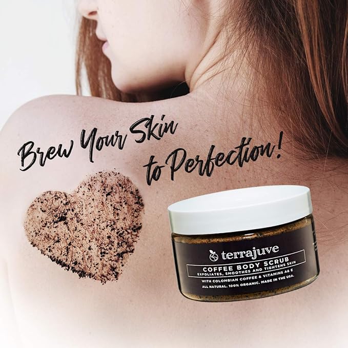 Coffee Body Scrub Exfoliator for Cellulite by Terrajuve, Exfoliates, Smoothes, and Tightens Skin, with Colombian Coffe Beans, Shea Butter, and Hempseed Oil, Pure, Organic, All Natural, Made in USA