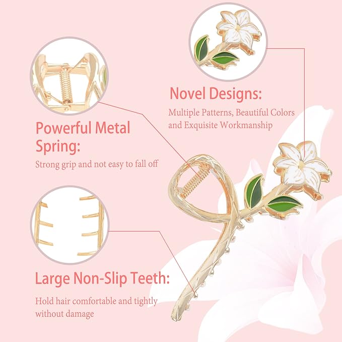 3-Piece Floral Metal Hair Accessories: Lily Leaves Tulip Barrettes, Strong Hold Non-Slip Hair Clamps for Thin/Medium Thick Hair
