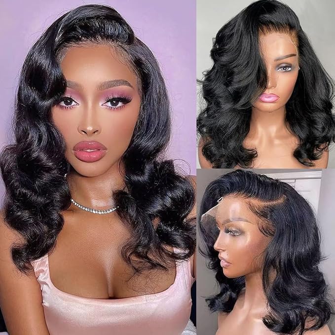 IUPin 4×4 Bob Wig Human Hair Body Wave Lace Front Wigs Human Hair for Women HD Lace Closure Wigs Glueless Human Hair Pre Plucked 200 Density Natural Hairline Short Bob Wigs Human Hair 16 inch