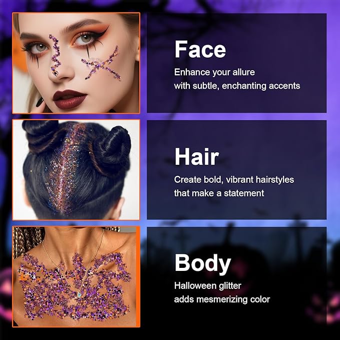 Halloween Body Glitter Stick, Black Purple and Orange Face Glitter Accessories for Rumi Costume and Rumi Cosplay Makeup, Waterproof Face and Hair Glitter Makeup for Kids and Women