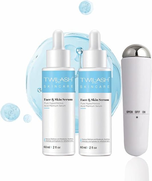 Pure Hypochlorous Acid Face & Skin Serum 2-Pack (60ml Each) – Hydrating, Calming & Redness-Reducing with Facial Massager – Gentle, Non-Irritating for Sensitive Skin – 120ml Total