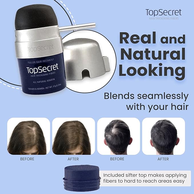 Top Secret Hair Thickening Building Fibers Applicator Included - Undetectable & Natural Hair Filler for Men & Women - Instantly Fill in Thinning Hair - Weather & Sweat Resistant (Light Brown, Medium)