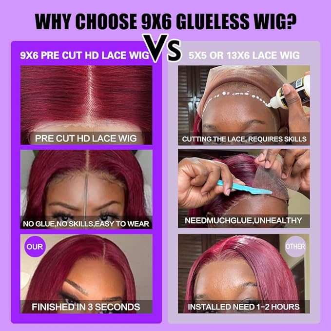 CHEETAHBEAUTY 9x6 Glueless Wigs Human Hair Pre Plucked Pre Cut 24 Inch Straight 99j Burgundy Lace Front Wigs Human Hair for Women 9x6 HD Lace Glueless Wig with Elastic Drawstring 220% Density
