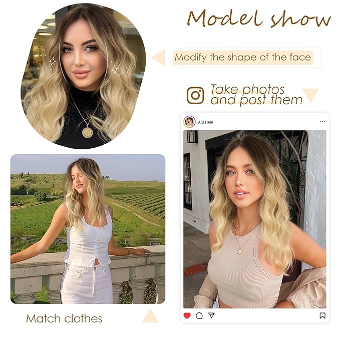 AISI HAIR Ombre Blonde Wig for Women Medium Length Wave Curly Glueless Synthetic Heat Resistant Hair Wigs for Daily Party Cosplay