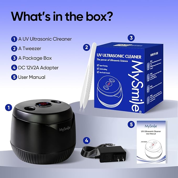 MySmile Dental Ultrasonic Retainer Cleaner Machine- 45kHz UV Denture Cleaner with 200ML Capacity for Aligner, Braces, Mouth Guard, Night Guard, Portable Dental Cleaning Pod with Digital Timer (Black)