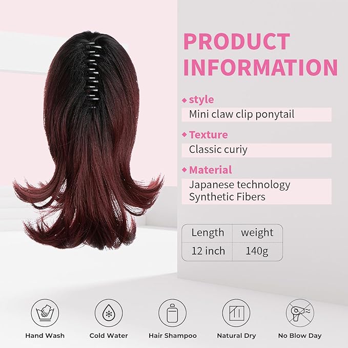 Ponytail Hair Extensions, 12 Inch Claw Clip Ponytail Hair Extensions for Women, Chin Clip Wigs, Soft Synthetic Wigs-Wine Red with Dark