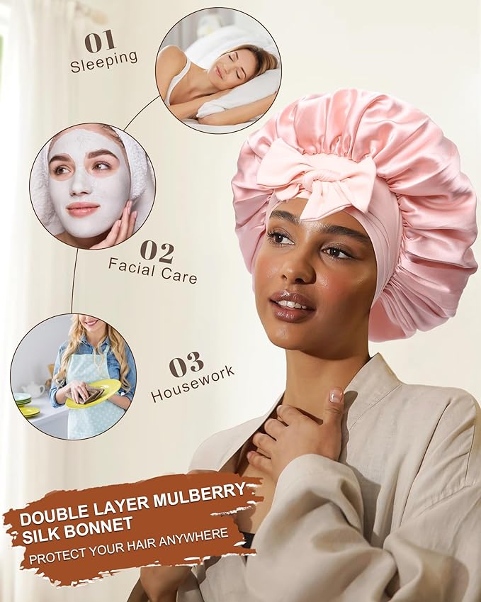 Mulberry Silk Bonnet Sleeping Women Curly Hair Bonnets Tie Band Double Layer Reversible Sleep Bonnet Silk Hair Wrap Sleep Cap
