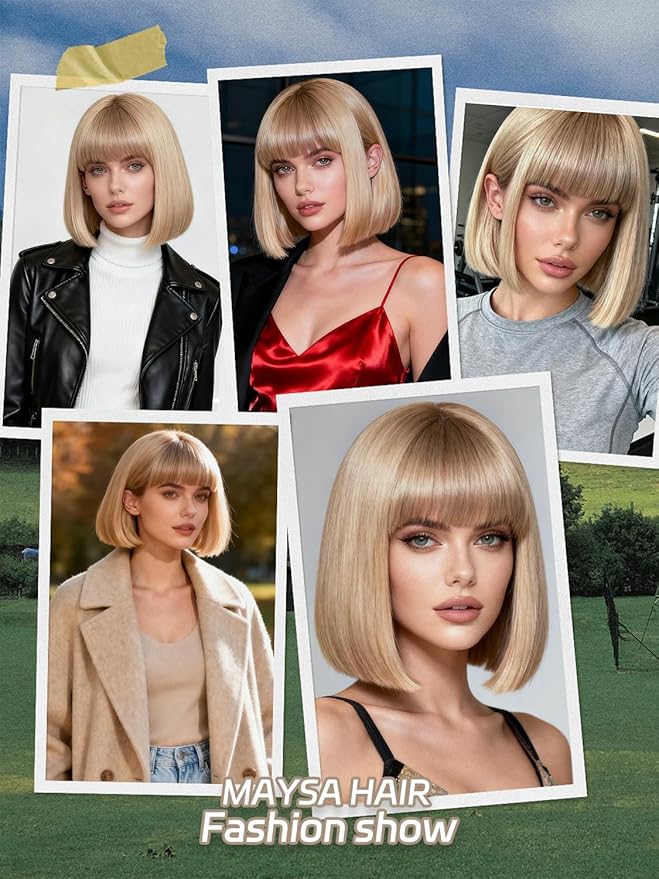 MAYSA Blonde Bob Wig with Bangs for Women, Short Straight Bob Wigs, Synthetic Natural Looking Daily Party Wigs # Gloden Blonde mix Platinum Blonde