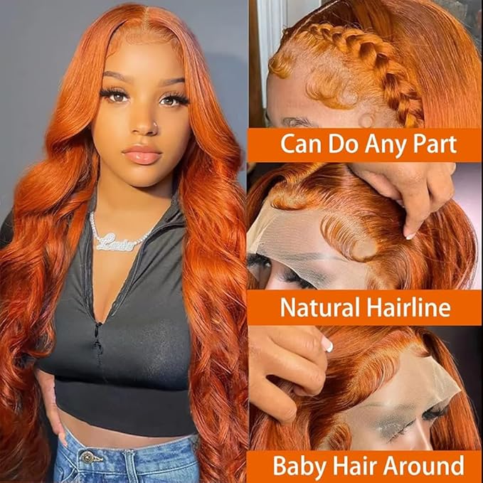 28 Inch Ginger Wig Human Hair Body Wave Ginger Orange 13X6 Lace Front Wigs Human Hair Pre Plucked 180 Density 350# Colored Glueless 13X6 HD Lace Frontal Wig Human Hair for Women
