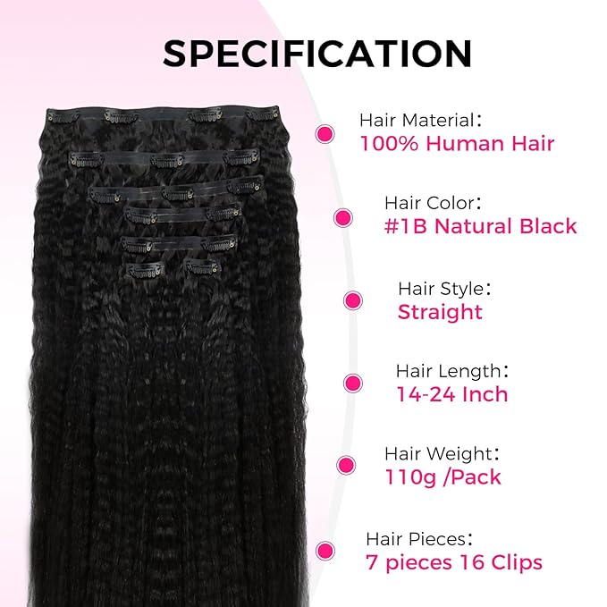 Lashey Invisi Edge Clip in Hair Extensions, 7pcs 110g 24 Inch Natural Black Seamless Clip in Hair Extensions Human Hair Kinky Straight Real Remy Human Hair
