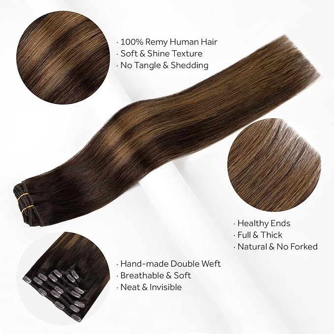 Clip in Hair Extensions Real Human Hair, Silky Remy Hair Extensions Clip Ins, Salon Quality Straight Human Hair for Women, Dark Brown to Chestnut Brown #2TP6/2 20Inch 120G 7PCS