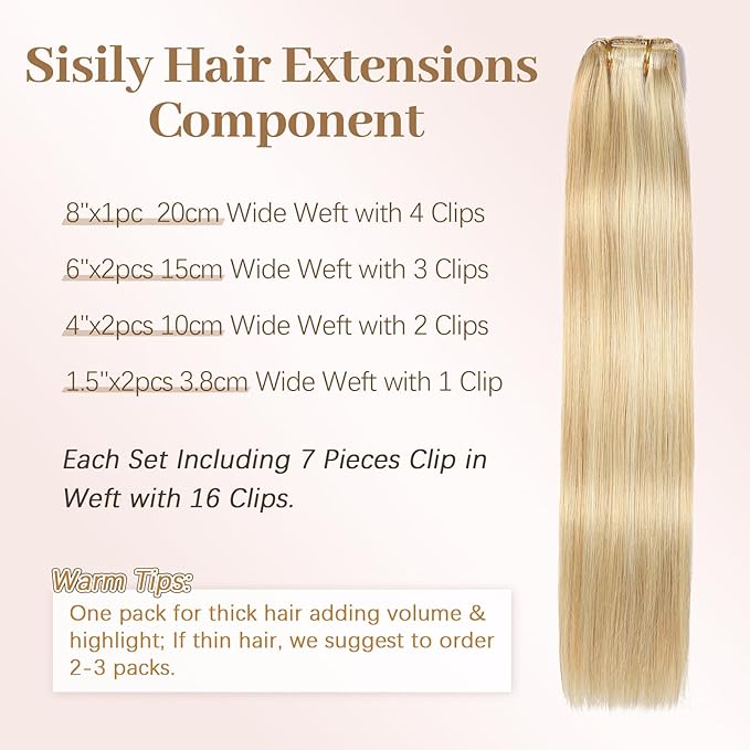 Sisily Clip in Hair Extensions Real Human Hair, 24 Inch Human Hair Clip in Extensions Dirty Blonde to Bleach Blonde Highlight, Soft Straight Hair Extensions Real Human Hair Clip ins 7PCS （24 Inch）