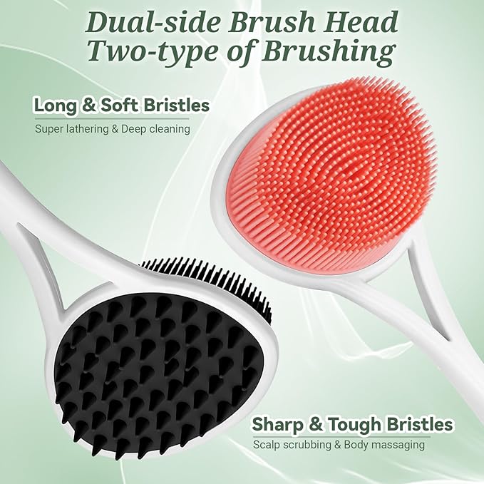 Silicone Back & Body & Face Scrubbers Set 4PCS, 15.35’’ Soft Back Scrubber for Dual-Side Usage, Easy-to-Hold Bath Glove Body Scrubber Face Scrubber for Good Foaming & Deep Cleaning(Pink)