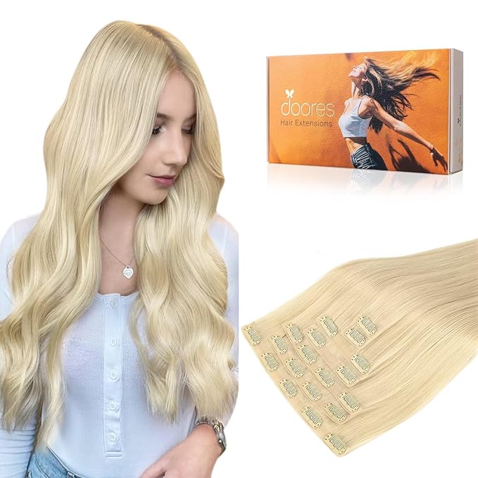 DOORES Seamless Clip in Hair Extensions, Bleach Blonde 18 Inch 7pcs 110g, Invisi Edge Hair Extensions Straight Remy Weft