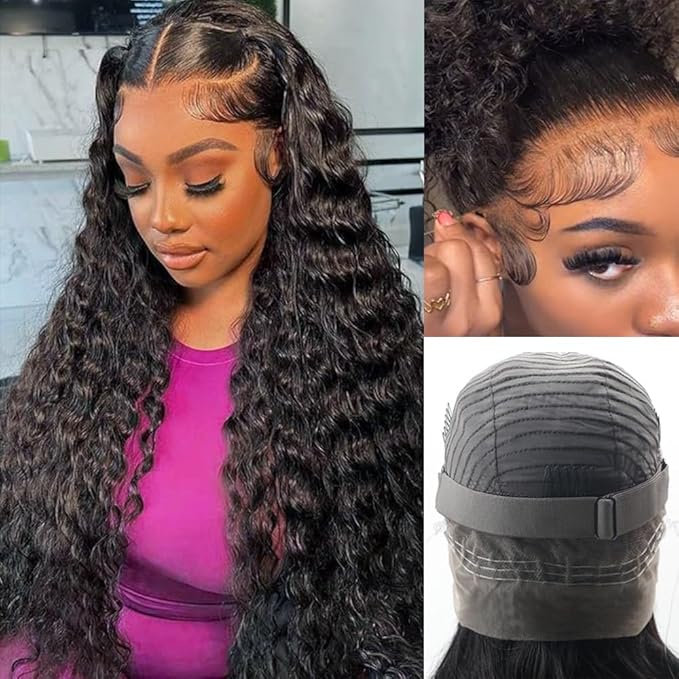 Hidden Strap 360 Deep Wave Lace Front Wigs Human Hair 220% Density 360 Glueless Wigs Human Hair with Drawstring 360 Deep Wave Curly HD Full Lace Front Wigs Human Hair Pre Plucked 20 inch