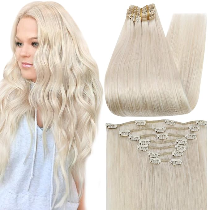 Full Shine Blonde Clip in Hair Extensions for Women Platinum Blonde Hair Extensions Clip in Real Human Hair Full Head Triple Weft 14 Inch 120 G 7 Pcs