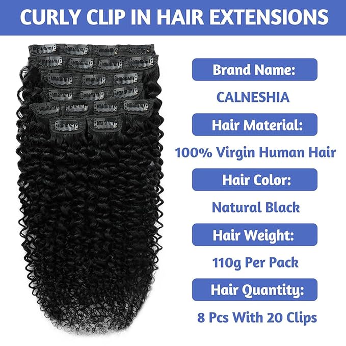 Curly Clip In Hair Extensions Human Hair 16 Inch 3C 4A 110g 8pcs Kinky Curly Clip Ins Full Head for Women Brazilian Remy Human Hair Extensions Natural Color with 20 Clips
