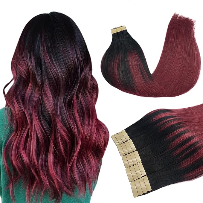 DOORES 50g 20pcs Tape in Hair Extensions Human Hair Ombre Jet Black to Red Remy Human Hair Extensions Tape in Straight Skin Weft Natural Hair Extensions 14 Inch