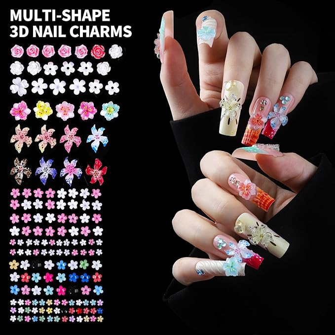FAMDAMEI 24 Grid Nail Charms, Nail Art Kit with Multi Shapes Nail Charms and Gems, Flatback AB Nail Rhinestones Gold Nail Pearls, Charms Y2K for Nails, 3D Hawaii Flowers Nail Jewels for Nail Design