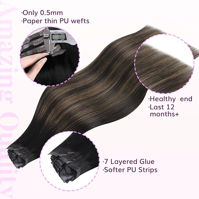 IDN BEAUTY Seamless Clip In Hair Extensions Human Hair, Straight 16 Inch 110g 7pcs, 1B/6/1B Balayage Natural Black to Chestnut Brown Remy Hair Seamless Clip Ins For Black Women PU Weft Invisible Edge