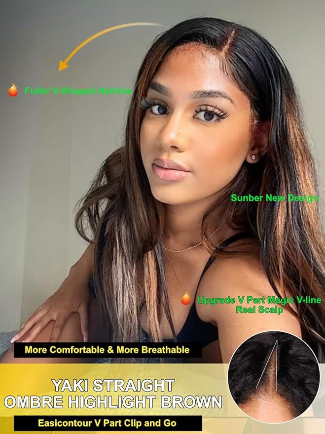 Sunber Ombre Brown Highlight Yaki Straight V Part Human Hair Drawstring Glueless Wig No Leave Out Vpart Balayage yaki straight Clip In Half Wigs No Leave Out Real Scalp V Shape 24Inch