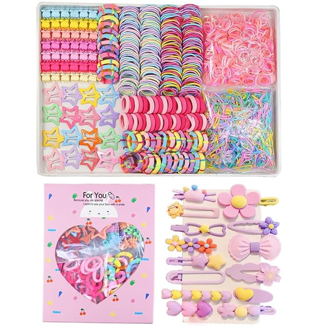 889 pcs Elastic Hair Ties for Girls Hair Accessories Ponytail Holders Colorful Rubber Bands Set with 14 pcs Cute Hair Clip