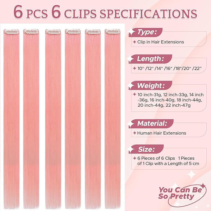 Clip in Hair Extensions Real Human Hair for Women, 16 Inch 40g 6pcs, Pink, Straight - Highlight, Add Volume and Length for Daily Wear, Parties, Weddings