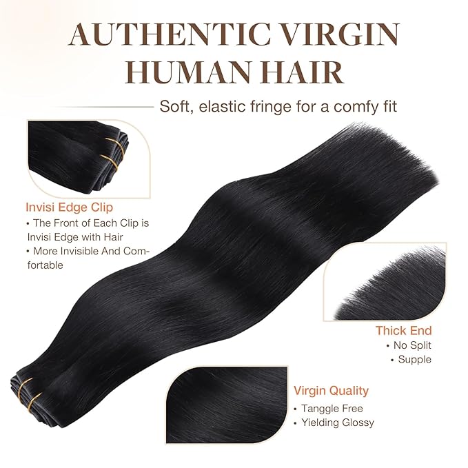 GOO GOO Invisi Edge Clip in Hair Extensions 16inch 120g 7Pcs Injected Seamless PU Clip in Hair Extensions, Virgin Real Human Hair, 1 Jet Black