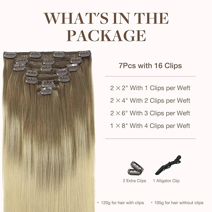 GOO GOO Clip in Hair Extensions Real Human Hair, Remy Human Hair Extensions Clip ins for Women, Natural Human Hair, 18inch 120g 7Pcs, 9/60 Balayage Ash Brown to Platinum Blonde