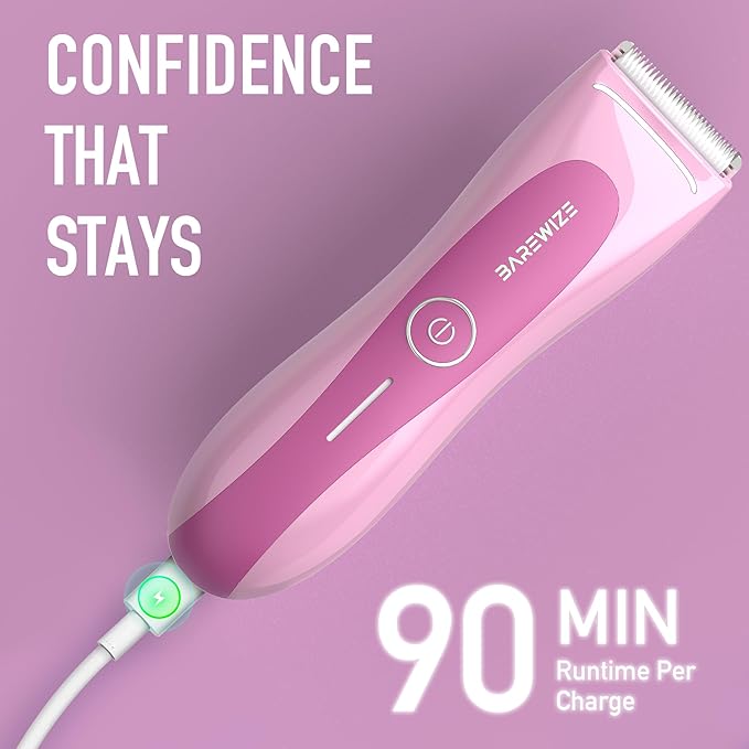 BAREWlZE Bikini Trimmer for Women, Pubic Hair Trimmer | LED Light, IPX7 Waterproof, USB-C Rechargeable, Replaceable Ceramic Blade | Electric Razors for Women, Electric Body Hair Shaver (Petal Bonbon)