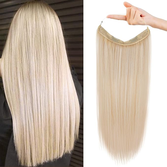 REECHO Invisible Wire Hair Extensions with Transparent Headband Adjustable Size Removable Secure Clips in Straight Secret Hairpiece for Women (16Inch (Pack of 1), Light Blonde)