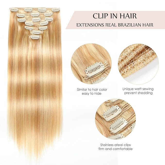 Sisily Clip in Hair Extensions Real Human Hair, 16 inch 140g, Blonde, 100% Brazilian Remy Human Hair Clip in Extensions Soft Straight 7pcs Per Set with 16 Clips Double Weft