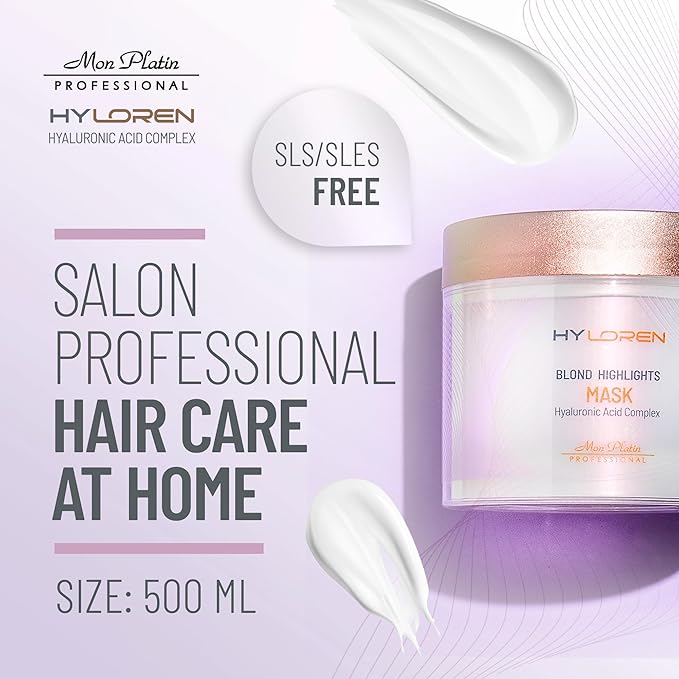 Mon Platin HYLOREN Blonde Highlights Mask with Hyaluronic Acid - 500 ml Premium Blonde Hair Mask to Neutralize Yellow and Orangey Tones - Treatment to Repair, Restore, Soften, and Strengthen Hair