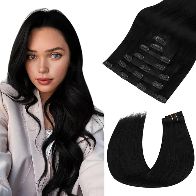 HOTBANANA Seamless Clip in Hair Extensions, 20 Inch 110g 7pcs Jet Black Invisible PU Skin Weft Straight Remy Human Hair Extensions