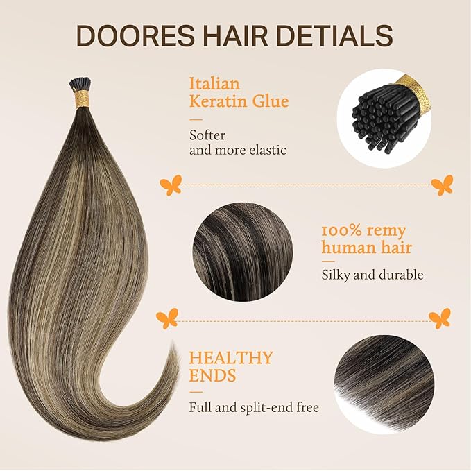 DOORES I Tip Hair Extensions, Human Hair, Balayage Chocolate Brown to Honey Blonde, 50g/50s, 20 Inch, Itip, Cold Fusion, Straight