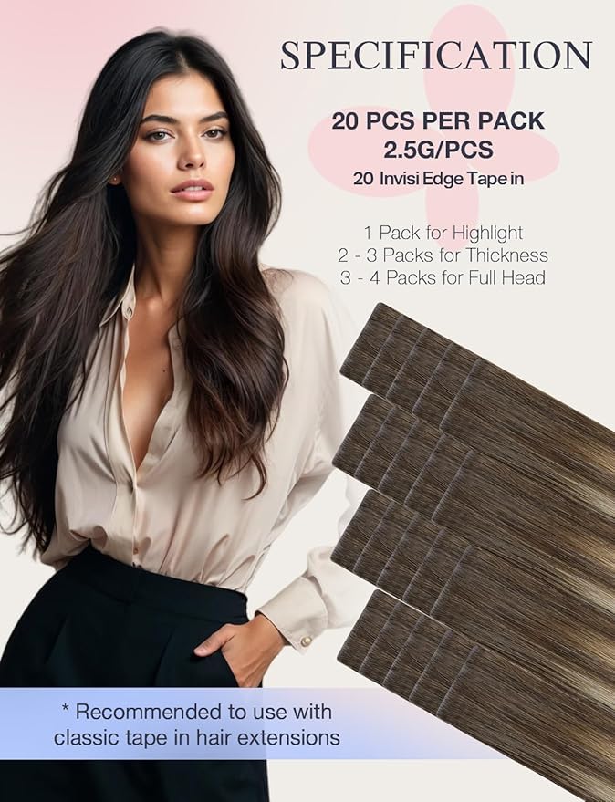 DOORES Invisi Edge Hair Extensions Tape in, Chocolate Brown to Honey Blonde 10 Injection Tapeins with 10 Injection Tapeins 50g 16 Inch, Injected Tape in Virgin Human Hair