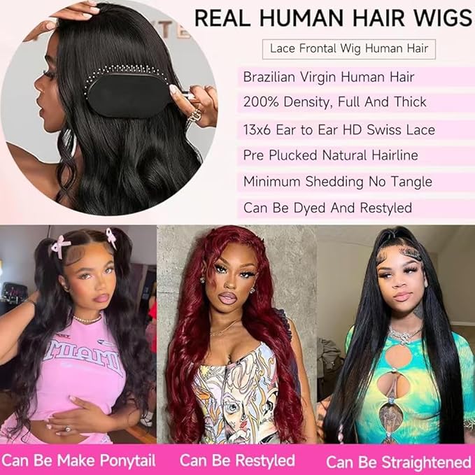 32 Inch 13x6 Lace Front Wigs Human Hair Pre Plucked 200% Density Body Wave Lace Front Glueless Wig human hair with Baby Hair for Women Natural Black